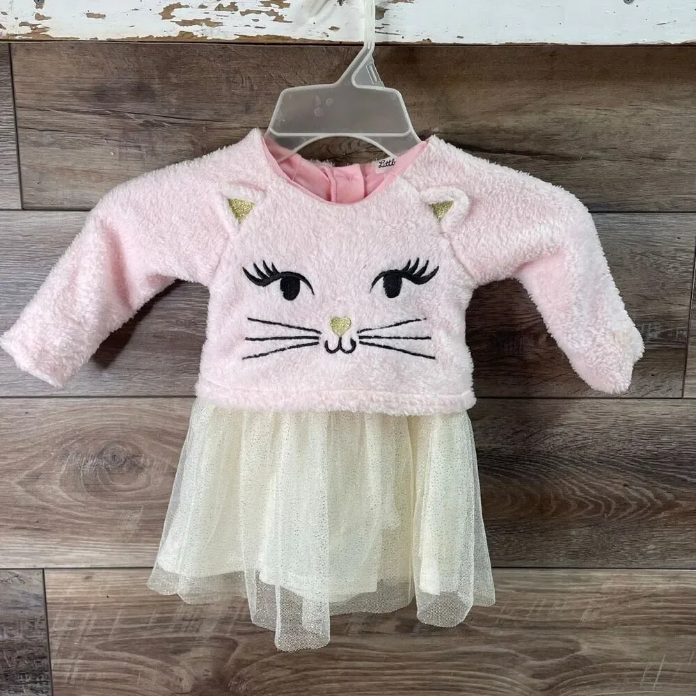 Little Lass Girl Dress Pink White Gold Sparkles Tutu 1pc Fuzzy Kitty Cat Top 12M